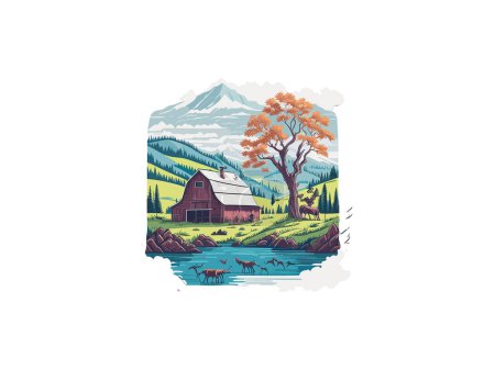 Téléchargez les illustrations : Illustrations vectorielles de la nature paysage montagnes arbres camping voyage aventure, ferme maison - en licence libre de droit