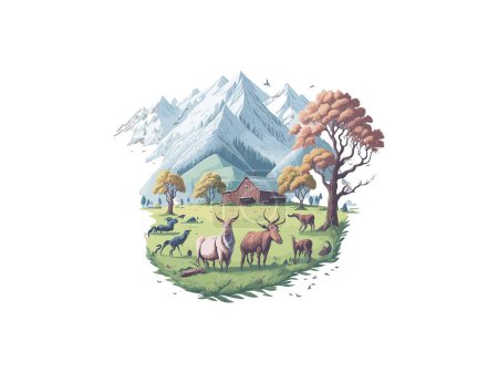 Ilustración de Ilustraciones vectoriales de naturaleza paisaje montañas árboles camping viaje aventura, farmi casa - Imagen libre de derechos