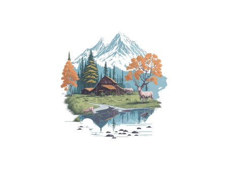 Illustration for Vector illustrations of nature landscape mountains trees camping travel adventure, farmi house - Royalty Free Image