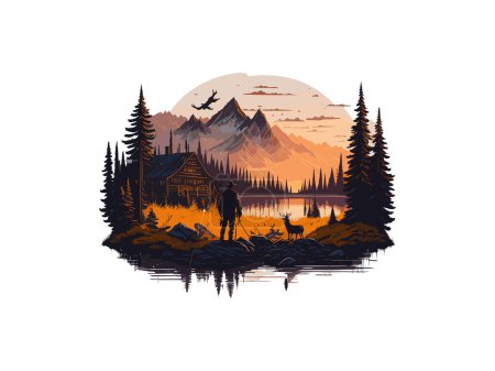 Illustration for Vector illustrations of nature landscape mountains trees camping travel adventure, farmi house - Royalty Free Image