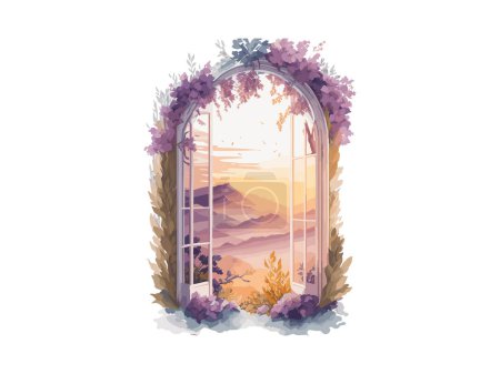 Téléchargez les illustrations : Fantaisie fenêtre de paysage de fées intérieur avec des fleurs et branche d'arbre - en licence libre de droit