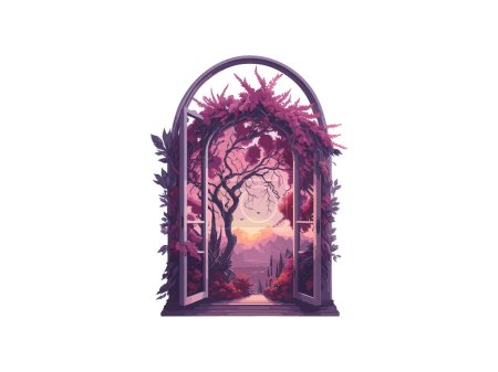 Fantasía hada paisaje ventana interior con flores y rama de árbol