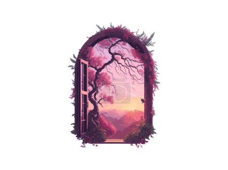 Fantasy fairy landscape window indoor with flowers and tree branch