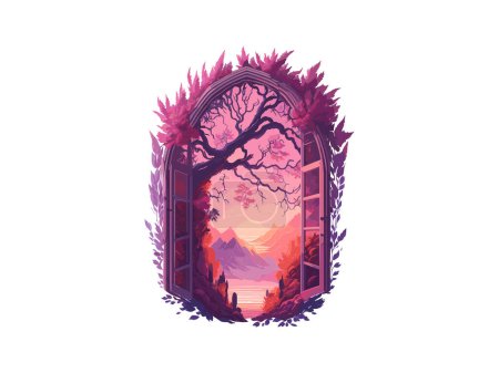 Ilustración de Fantasía hada paisaje ventana interior con flores y rama de árbol - Imagen libre de derechos