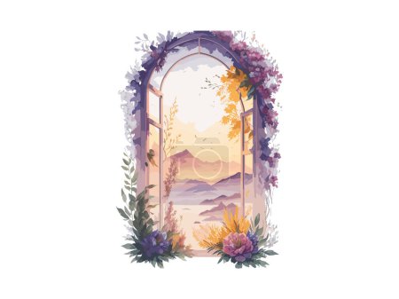Illustration for Fantasy fairy landscape window indoor with flowers and tree branch - Royalty Free Image