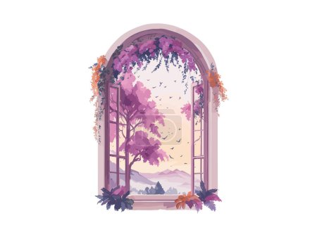 Fantaisie fenêtre de paysage de fées intérieur avec des fleurs et branche d'arbre
