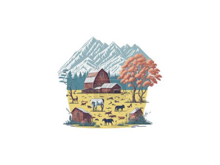 Ilustración de Ilustraciones vectoriales de naturaleza paisaje montañas árboles camping viaje aventura, farmi casa - Imagen libre de derechos