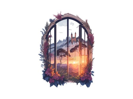 Téléchargez les illustrations : Fantaisie fenêtre de paysage de fées intérieur avec des fleurs et branche d'arbre - en licence libre de droit