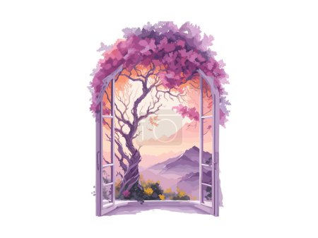 Fantasie Fee Landschaft Fenster drinnen mit Blumen und Ast