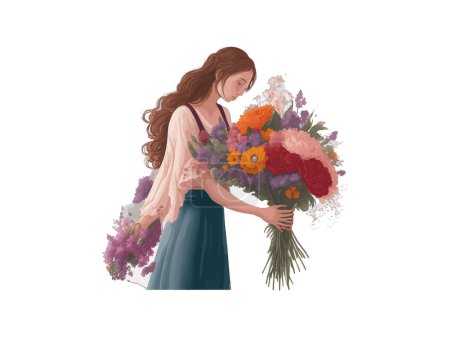 Illustration for Mother's day concept, Mom and daughter illustration decorated by flowers, isolated in white background. - Royalty Free Image