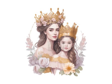 Illustration for Mother's day concept, Queen Mom and daughter with royal crown illustration decorated by flowers, clipart - Royalty Free Image