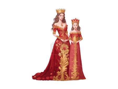 Ilustración de Concepto del día de la madre, Reina Mamá e hija con corona real ilustración decorada con flores, clipart - Imagen libre de derechos