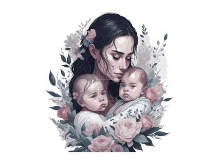 Téléchargez les illustrations : Concept de fête des mères, illustration maman et fille décorée de fleurs, isolée en fond blanc - en licence libre de droit
