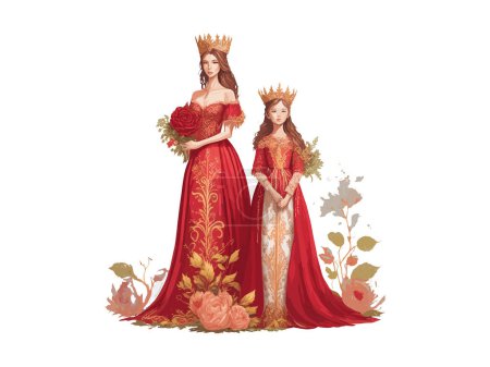 Téléchargez les illustrations : Concept de fête des mères, Reine Maman et fille avec couronne royale illustration décorée de fleurs, clipart - en licence libre de droit
