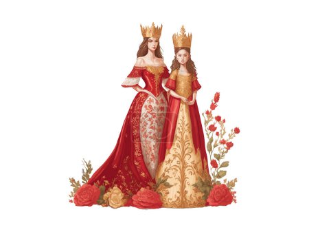 Illustration for Mother's day concept, Queen Mom and daughter with royal crown illustration decorated by flowers, clipart - Royalty Free Image
