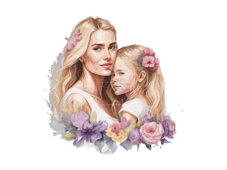 Téléchargez les illustrations : Concept de fête des mères, illustration maman et fille décorée de fleurs, isolée en fond blanc - en licence libre de droit