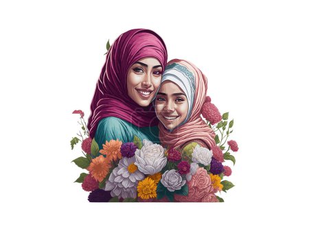 Illustration for Muslim Mother and child love clipart, Mother's day concept, mom daughter lovely moment illustration, Sublimation. - Royalty Free Image