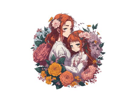 Illustration for Mother's day concept, Mom and daughter illustration decorated by flowers, isolated in white background - Royalty Free Image