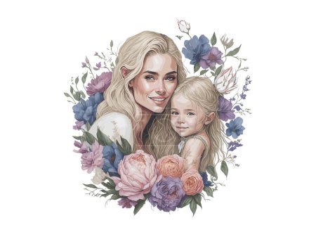 Ilustración de Concepto del día de la madre, mamá e hija ilustración decorada con flores, aislada en fondo blanco - Imagen libre de derechos