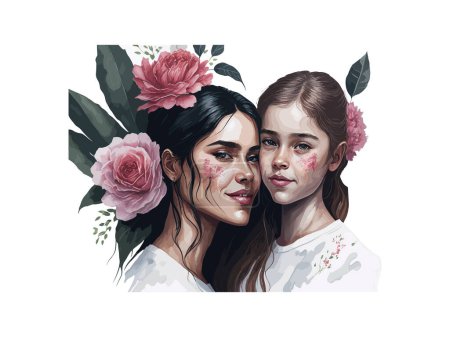 Illustration for Mother's day concept, Mom and daughter illustration decorated by flowers, isolated in white background - Royalty Free Image