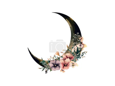 Illustration for Watercolor moon with flowers - Royalty Free Image