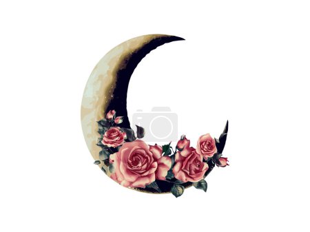 Illustration for Watercolor moon with flowers - Royalty Free Image