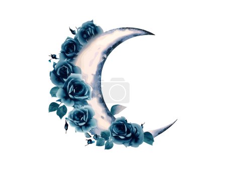 Téléchargez les illustrations : Lune aquarelle avec fleurs - en licence libre de droit
