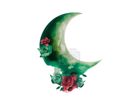 Téléchargez les illustrations : Lune aquarelle avec fleurs - en licence libre de droit