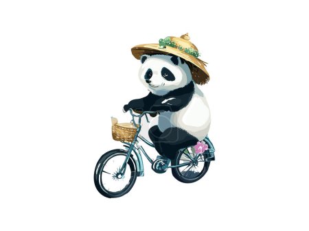 Téléchargez les illustrations : Aquarelle Panda ours chevauchant un vélo dans la route de campagne - en licence libre de droit