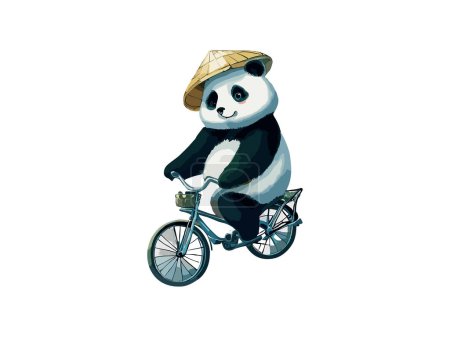 Illustration for Watercolor Panda Bear Riding a Bike in Countryside Road - Royalty Free Image