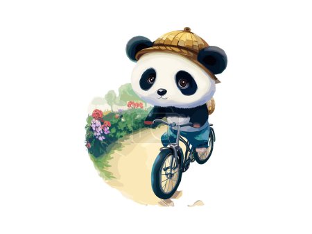 Illustration for Watercolor Panda Bear Riding a Bike in Countryside Road - Royalty Free Image