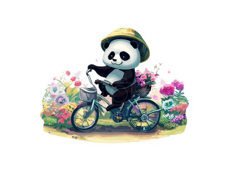 Téléchargez les illustrations : Aquarelle Panda ours chevauchant un vélo dans la route de campagne - en licence libre de droit