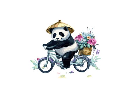 Photo for Watercolor Panda Bear Riding a Bike in Countryside Road - Royalty Free Image