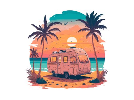 Téléchargez les illustrations : Caravane camping-car voitures vacances caravanes fourgonnettes remorques été camping véhicules mobiles pour Voyage - en licence libre de droit