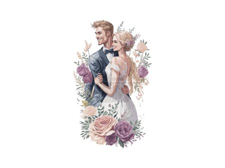 Ilustración de Pareja de boda, recién casada con Flores - Imagen libre de derechos