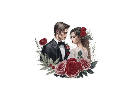 Ilustración de Pareja de boda, recién casada con Flores - Imagen libre de derechos