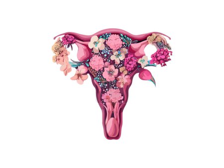 Téléchargez les illustrations : Woman Womb décoré avec des fleurs, Botanique aquarelle vaginal femme, Féministe concept vectoriel illustration clipart - en licence libre de droit