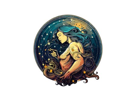 Illustration for Virgo zodiac sign. Virgo Zodiac symbol with beautiful girl hand drawn vector colorful illustration on black background. Astrological contemporary art, magic female character. - Royalty Free Image