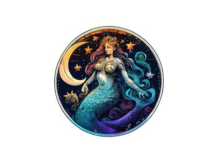 Illustration for Virgo zodiac sign. Virgo Zodiac symbol with beautiful girl hand drawn vector colorful illustration on black background. Astrological contemporary art, magic female character. - Royalty Free Image