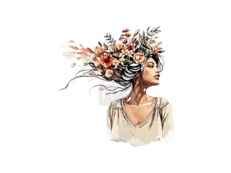 Photo for Watercolor portrait of woman with tropical flowers in the hair woman mother day - Royalty Free Image
