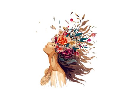 Téléchargez les illustrations : Aquarelle portrait de femme avec des fleurs tropicales dans les cheveux femme fête des mères - en licence libre de droit