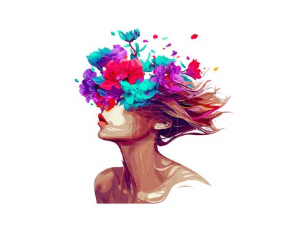 Ilustración de Retrato de acuarela de mujer con flores tropicales en el cabello mujer madre día - Imagen libre de derechos