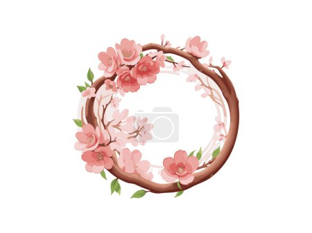 Téléchargez les illustrations : Conception de couronne aquarelle avec des fleurs et des feuilles de sakura, salutation, modèle d'invitation de mariage.. - en licence libre de droit