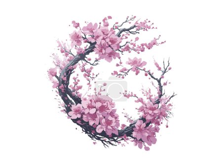 Illustration for Watercolor wreath design with sakura flowers and leaves, Greeting, wedding invite template.Round frame border. - Royalty Free Image