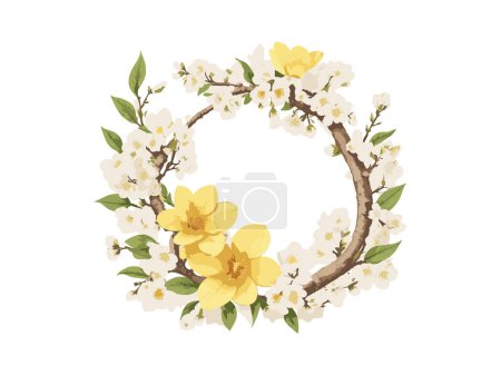 Ilustración de Diseño de corona de acuarela con flores y hojas de sakura, saludo, invitan a la boda template.Round marco borde. - Imagen libre de derechos