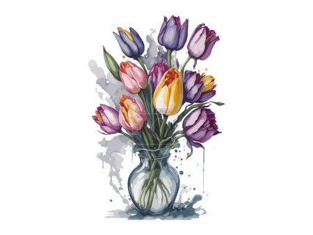 Ilustración de Hermoso ramo de tulipanes, Vector ilustración colorido ramo de tulipanes acuarela en un jarrón de vidrio. - Imagen libre de derechos