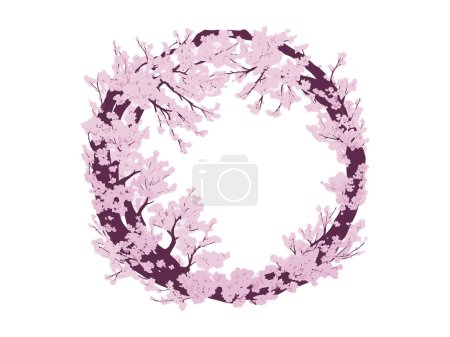 Téléchargez les illustrations : Conception de couronne aquarelle avec des fleurs et des feuilles de sakura, salutation, modèle d'invitation de mariage.. - en licence libre de droit