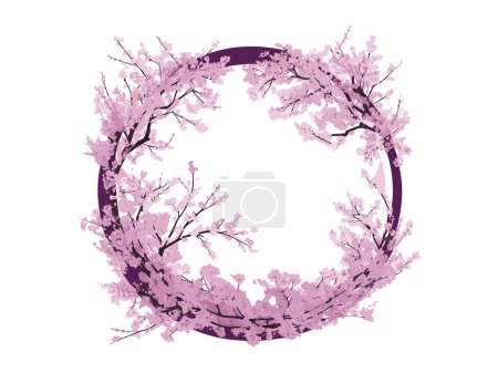 Illustration for Watercolor wreath design with sakura flowers and leaves, Greeting, wedding invite template.Round frame border. - Royalty Free Image