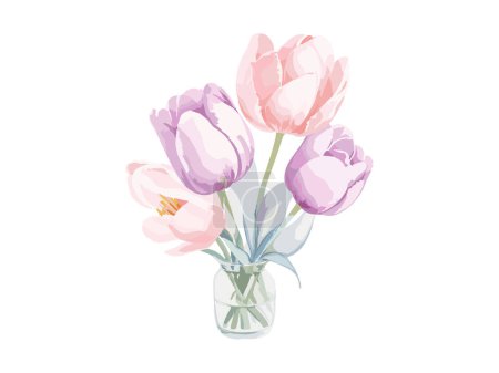 Téléchargez les illustrations : Beau bouquet de tulipes, illustration vectorielle aquarelle colorée Bouquet de tulipes dans un vase en verre. - en licence libre de droit