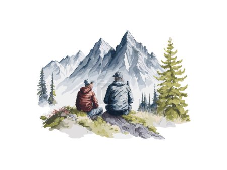 Ilustración de Senderismo en las montañas solo al aire libre estilo de vida activo viajes aventura vacaciones con paisaje naturaleza - Imagen libre de derechos